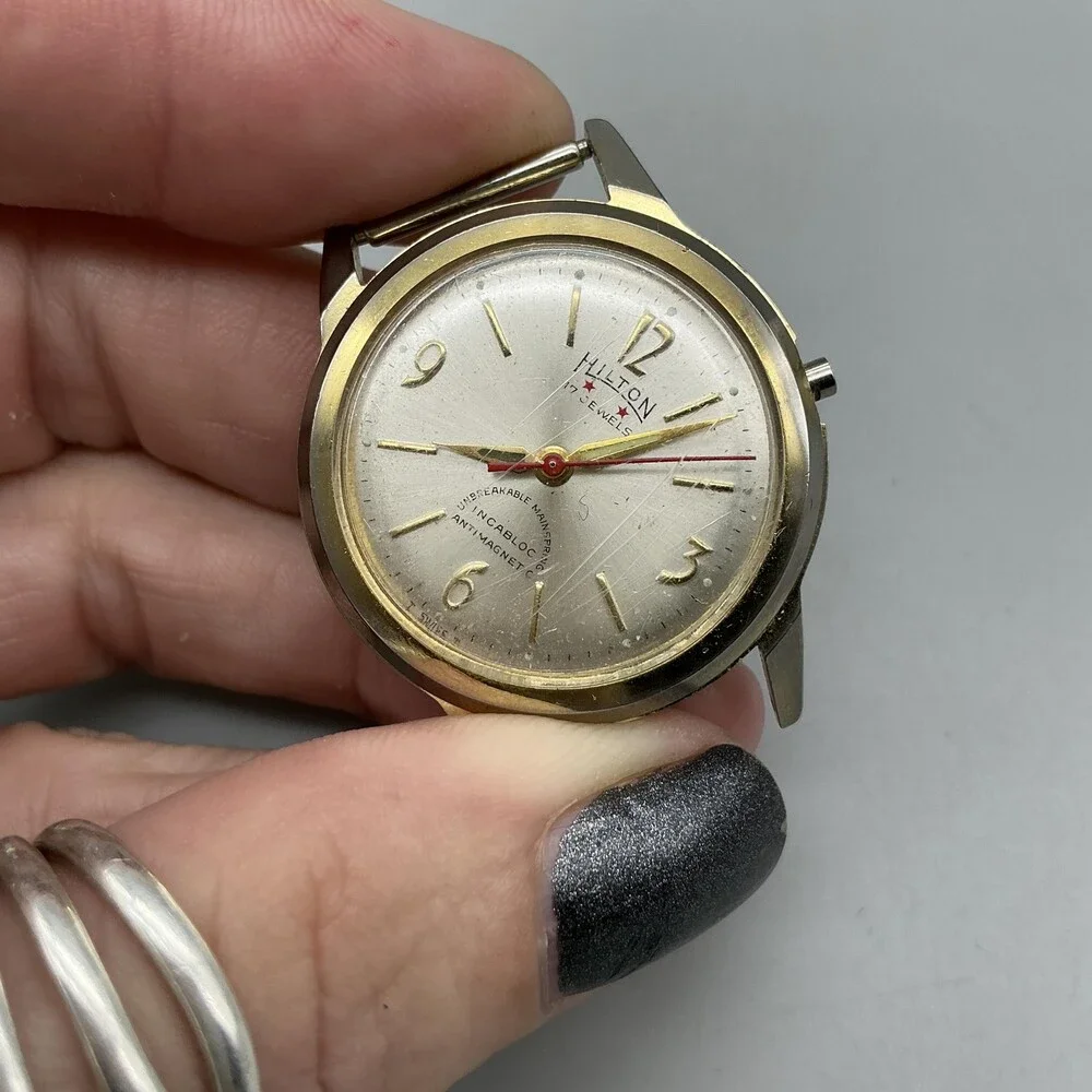 Vtg Hilton De Luxe Mens Watch 32mm Silver Gold Tone Manual For Parts Not Running